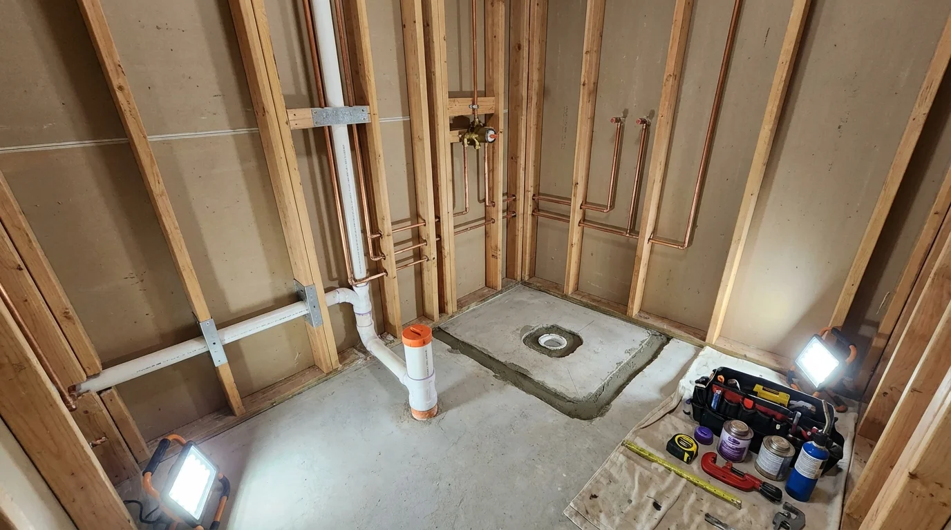 Bathroom rough-in plumbing during remodel by Johns Plumbing LLC in Oneida