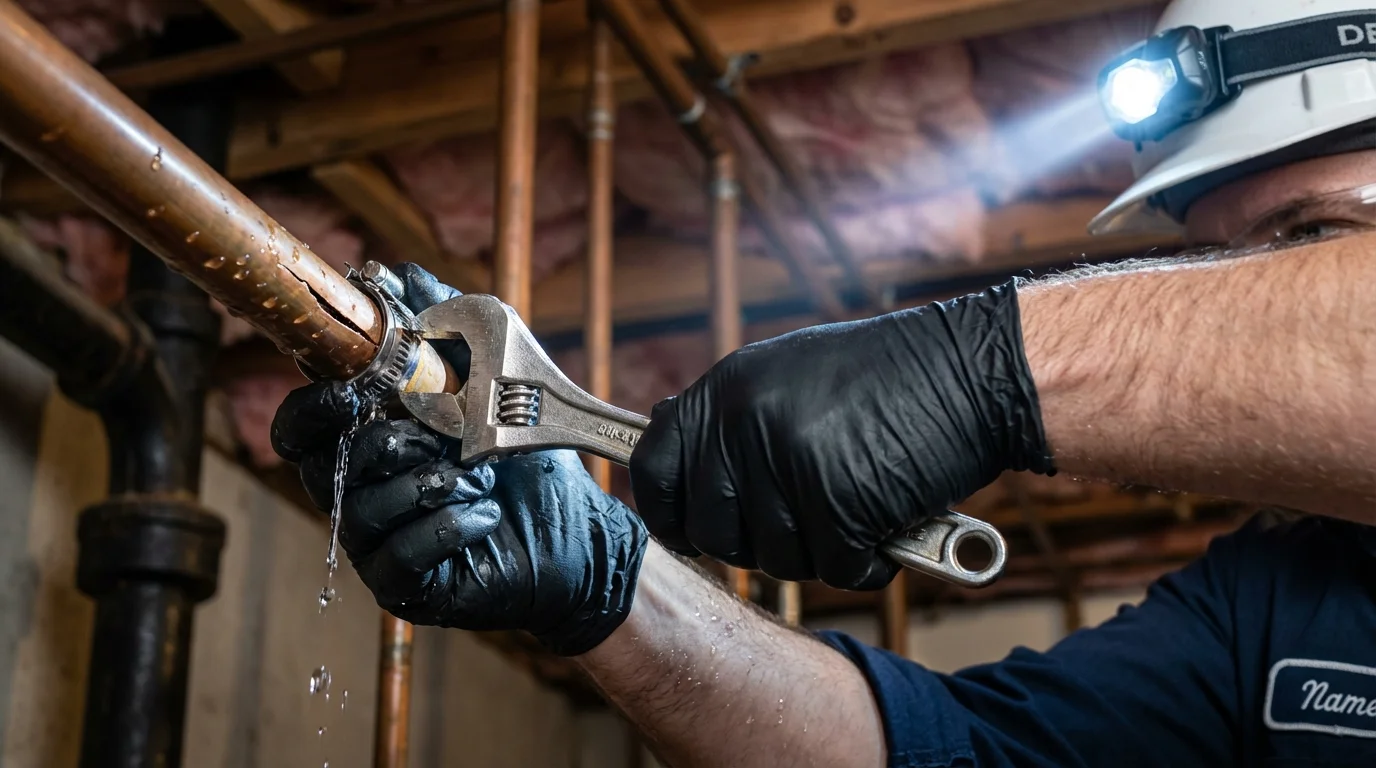 Emergency pipe clamp repair being performed by a Johns Plumbing LLC plumber in Oneida