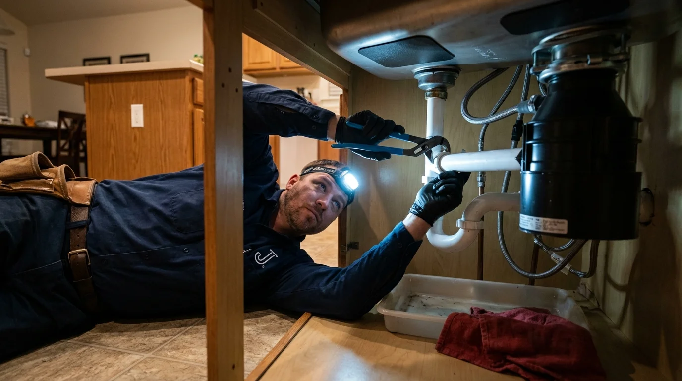 P-trap and supply line connections under a kitchen sink showing a common leak point in Oneida, NY
